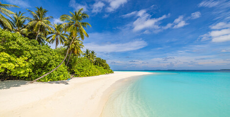 Fantastic sunny panorama at Maldives. Luxury resort seascape. Majestic sea waves coconut palm trees...