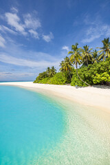 Fantastic sunny panorama at Maldives. Luxury resort seascape. Majestic sea waves coconut palm trees...