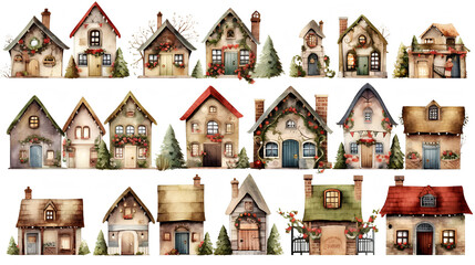 Watercolor Christmas houses on a snowy street. - obrazy, fototapety, plakaty