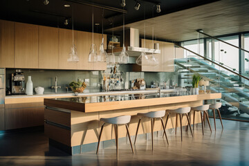 Fototapeta na wymiar modern kitchen with stools and refrigerator