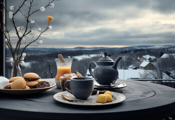 Breakfast with coffee on beautiful winter nature background in cold color gray background