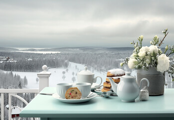 Breakfast with coffee on beautiful winter nature background in cold color gray background