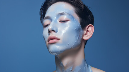 Man relaxing while applying a blue mask pack, in light blue background. Man applying clay mask pack, men’s grooming. Mens cosmetics photo, beauty industry advertising photo.