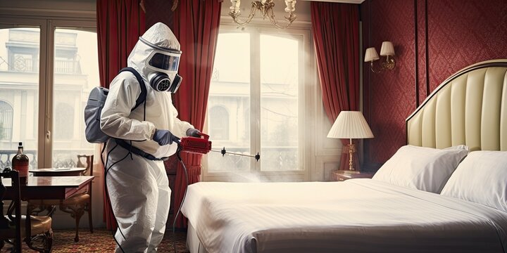 pest controller works in a french hotel bedroom exterminating bed bugs.
