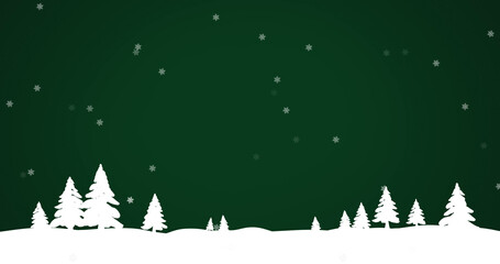 Composition of snow falling over christmas winter scenery with trees on green background