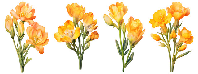 set of beautiful freesia flowers, isolated over a transparent background, cut-out floral, perfume / essential oil, romantic wildflower or garden design elements PNG collection