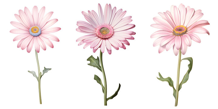 set of beautiful Transvaal daisy flowers, isolated over a transparent background, cut-out floral, perfume / essential oil, romantic wildflower or garden design elements PNG collection