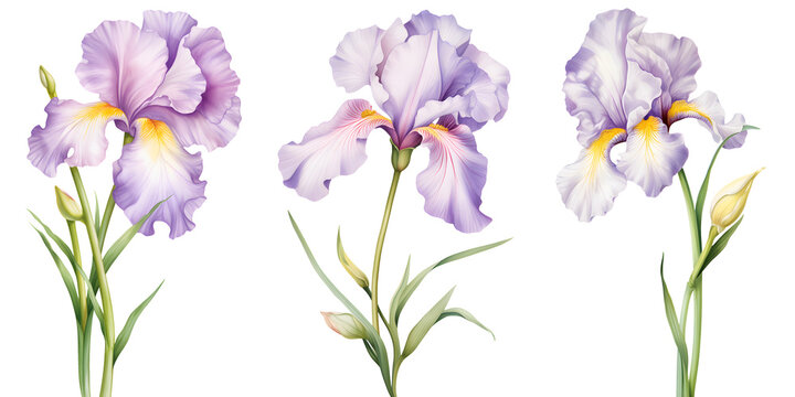 set of beautiful iris flowers, isolated over a transparent background, cut-out floral, perfume / essential oil, romantic wildflower or garden design elements PNG collection