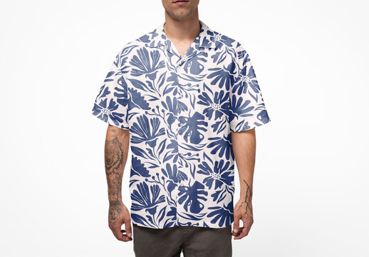 Mockup of man wearing short sleeve shirt with customizable fabric design, cropped