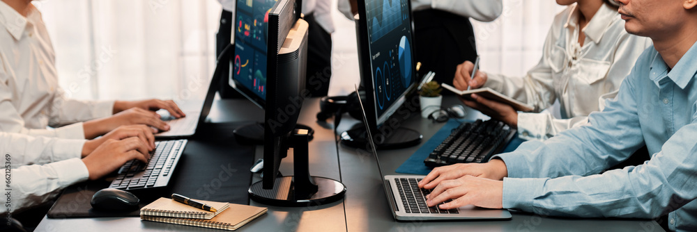 Poster analyst working on data analysis or bi dashboard on computer monitor. business team analyzing financ