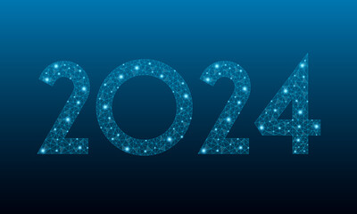 Happy new year 2024. Holiday concept for banner with low poly wireframe with futuristic glowing polygonal style. Polygonal wireframe and low poly vector illustration on dark blue background.