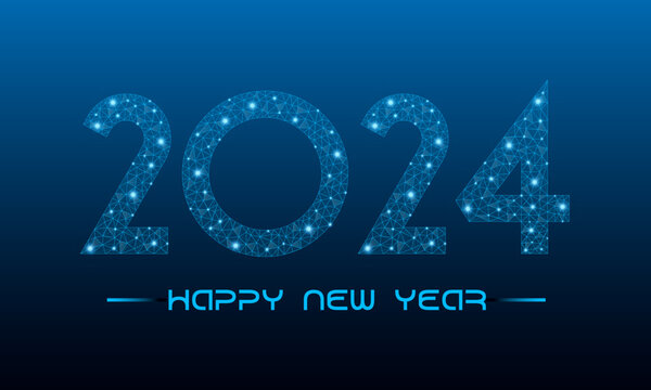 Happy new year 2024. Holiday concept for banner with low poly wireframe with futuristic glowing polygonal style. Polygonal wireframe and low poly vector illustration on dark blue background.