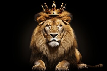 king lion wearing a crown isolated on black background - obrazy, fototapety, plakaty