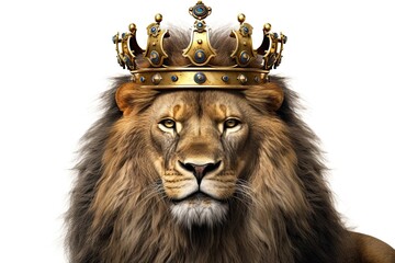 king lion wearing a crown isolated on white background - obrazy, fototapety, plakaty