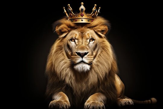 king lion wearing a crown isolated on black background
