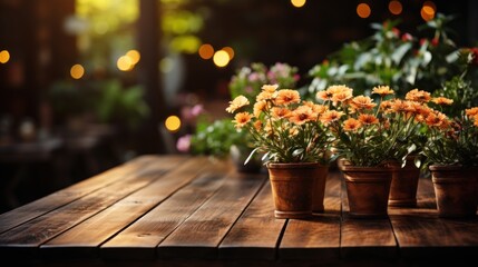 Fototapeta na wymiar Wooden table with potted plants and Beautiful bokeh background