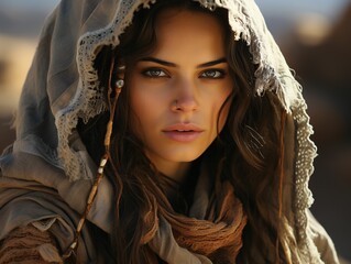 Portrait of Beautiful Veiled Arab Women with Desert Background. Close up of Middle Eastern Women with Beautiful Eyes