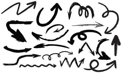 Charcoal arrows vector icons set. Hand drawn freehand different curved lines, swirls arrows. Doodle marker drawing, black chalk smears. Direction pointers. Scribbles and scrawls.