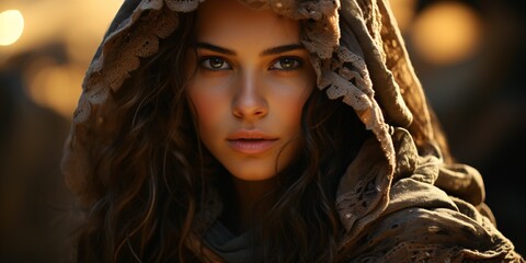 Portrait of Beautiful Veiled Arab Women with Desert Background. Close up of Middle Eastern Women with Beautiful Eyes