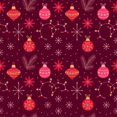 Seamless vector pattern of Christmas decorations and garlands, New Year background, wallpaper, print on textiles and wrapping paper, decorative elements.