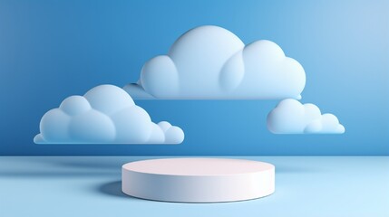 basic product display background 3d rendered geometric form sky cloud blue pastel, with a podium and a minimal cloud landscape. Using a cloud product platform, stage 3D render