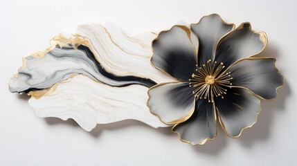 Gorgeous abstract luxury artwork created with gold leaf and black and white epoxy resin White veins flow and blend into a minimalist stone flower design in the form of swirls and stripes.