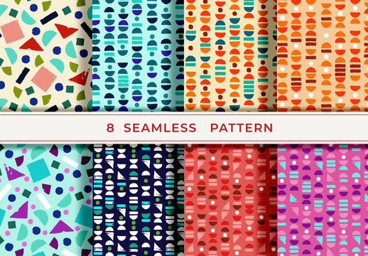 Mockup of 8 customizable repeatable patterns, retro motifs and patterns