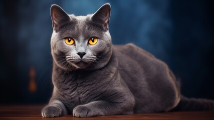 Beautiful Chartreux breed cat with his yellow golden eyes