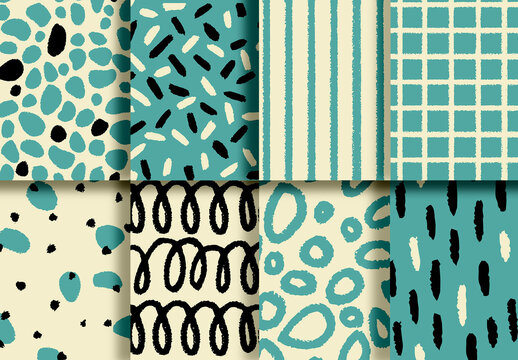 Mockup of 8 customizable repeatable retro patterns, turquoise tones