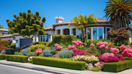Fototapeta na wymiar Beautiful houses with nicely landscaped front the yard in small town ornamental plants and flowers, palm trees