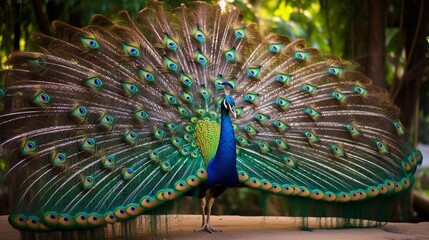 Obraz premium Brilliant male peacock fans its elaborate iridescent tail feathers surrounded by lush foliage outdoors.
