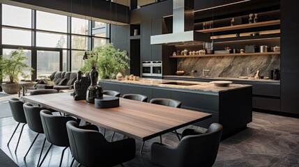 Fototapeta na wymiar Beautiful kitchen in luxury modern home interior with island and black dining table