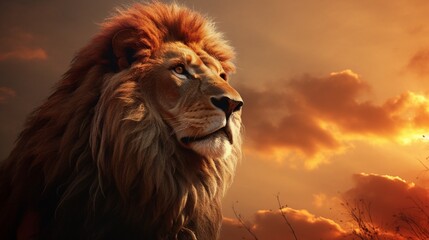 Beautiful majestic lion looking up into a sunset sky