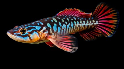 Beautiful multi-colored snakehead fish of an unusual shape and coloring in an aquarium close-up 