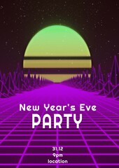New year's eve party text with neon pattern and metaverse on black background