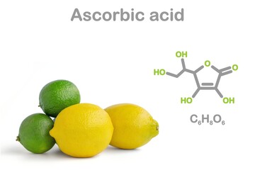 Group of lemons and limes isolated on white. Simplified structural formula of ascorbic acid.