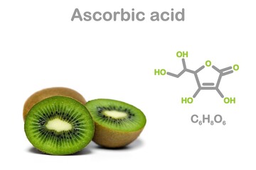 Green kiwi fruits cut in half isolated on white. Simplified structural formula of ascorbic acid.