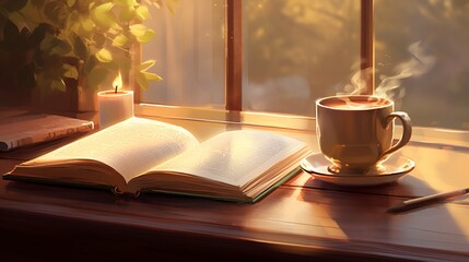 open book and a cup of tea in open window  generated by AI tool 