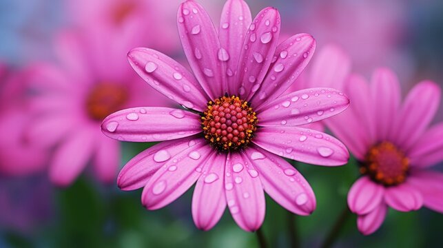 Beautiful purple pink daisy flower close up macro on green background
