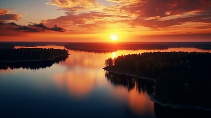 Aerial view of a wide river winding through dense forestland at a glowing, bright summer sunset.