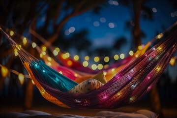 Hammock party under starlit sky on New Years Eve background with empty space for text 
