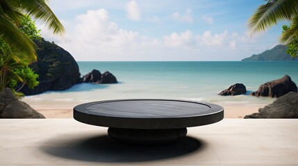 mockup stone round table at the beach - obrazy, fototapety, plakaty