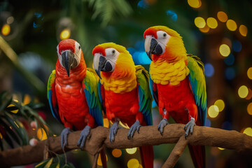 Colorful parrots perched on decorated Christmas trees in a tropical landscape 