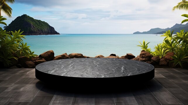 mockup stone round table at the beach