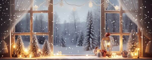 Xmas window decoration with snow outdoors. Celebrate festive concept.