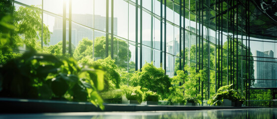Eco - friendly building in the modern city, Sustainable glass office building with tree for reducing carbon dioxide. Office building with green environment, Eco green environment .