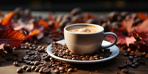 Obraz premium A Cup of Coffee with Coffee Beans Scattered on a Wooden Table