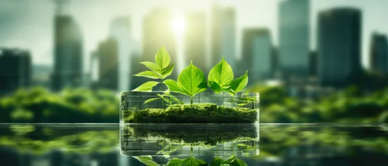 Poster Eco - friendly building in the modern city, Sustainable glass office building with tree for reducing carbon dioxide. Office building with green environment, Eco green environment . © HappyTime 17