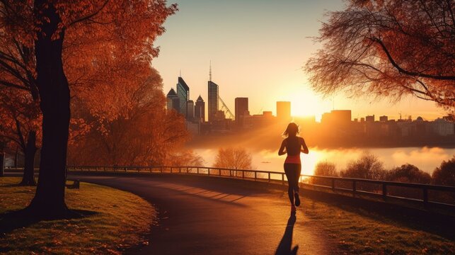 Full body image of happy young female runner running at morning sunrise in city park. Fitness woman, strong, jogging outside.