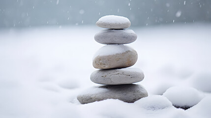 Zen stones with falling snows in winter
